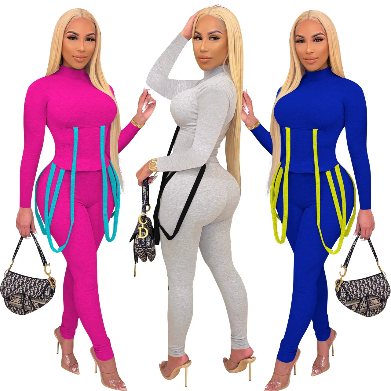 Wholesale Lace Up Top and Leggings 2 Piece Sets Sexy Fitness Contrast Color Jogger Set Knit Two Piece Elastic Pants Outfits