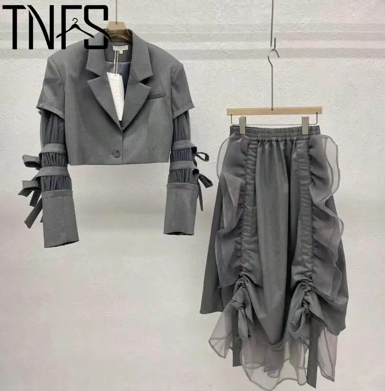 TNFS Women Suits Skirts And Tops Single Button  Blazer skirt set Coat High Waist Loose Casual Skirts Two Piece Sets Spring 2023
