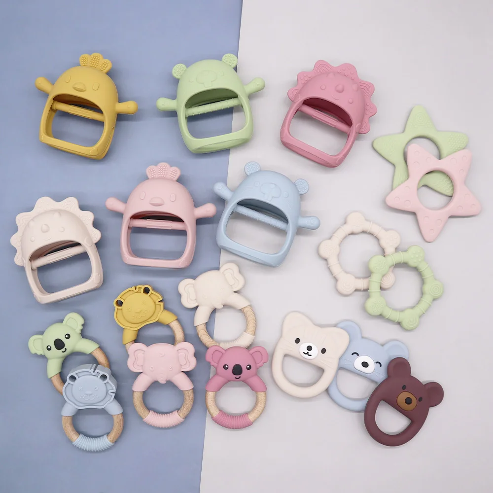 2023 Hot Melikey Wholesale Animal Wrist Glove Teether Wooden Baby Silicone Teething Ring Silicone Teethers For Babies Cartoon