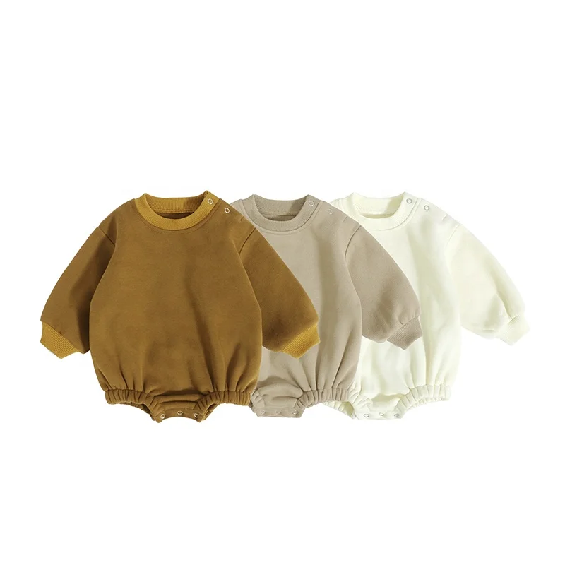 Wholesale Long Sleeve Solid Colour Round Neck Fleece French Terry Bubble Heavy Winter Baby Romper