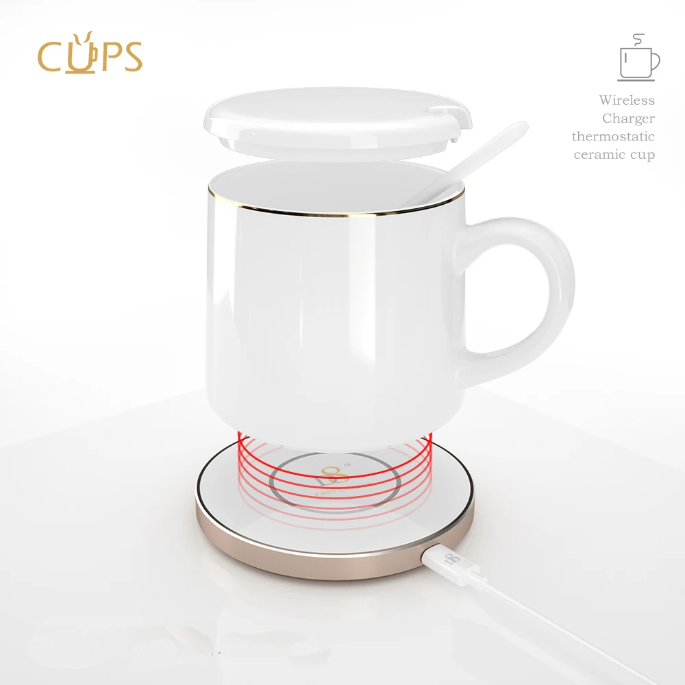 Zeamor Logo Custom Smart 2 in 1 Mobile Phone Wireless Charging Warmer 55 Degree Tea Cup Coffee Mug Gift Set For Home Office