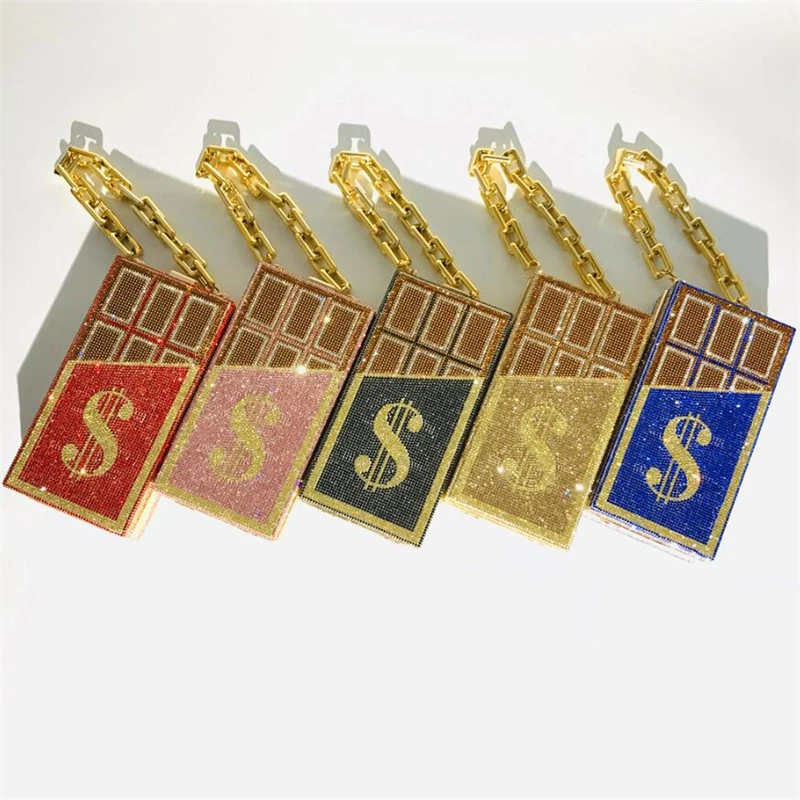 Роскошный дизайнерский вечерний кошелек с кристаллами и бриллиантами, праздничная ручная сумка, яркий шоколадный клатч для долларов со стразами, кошелек