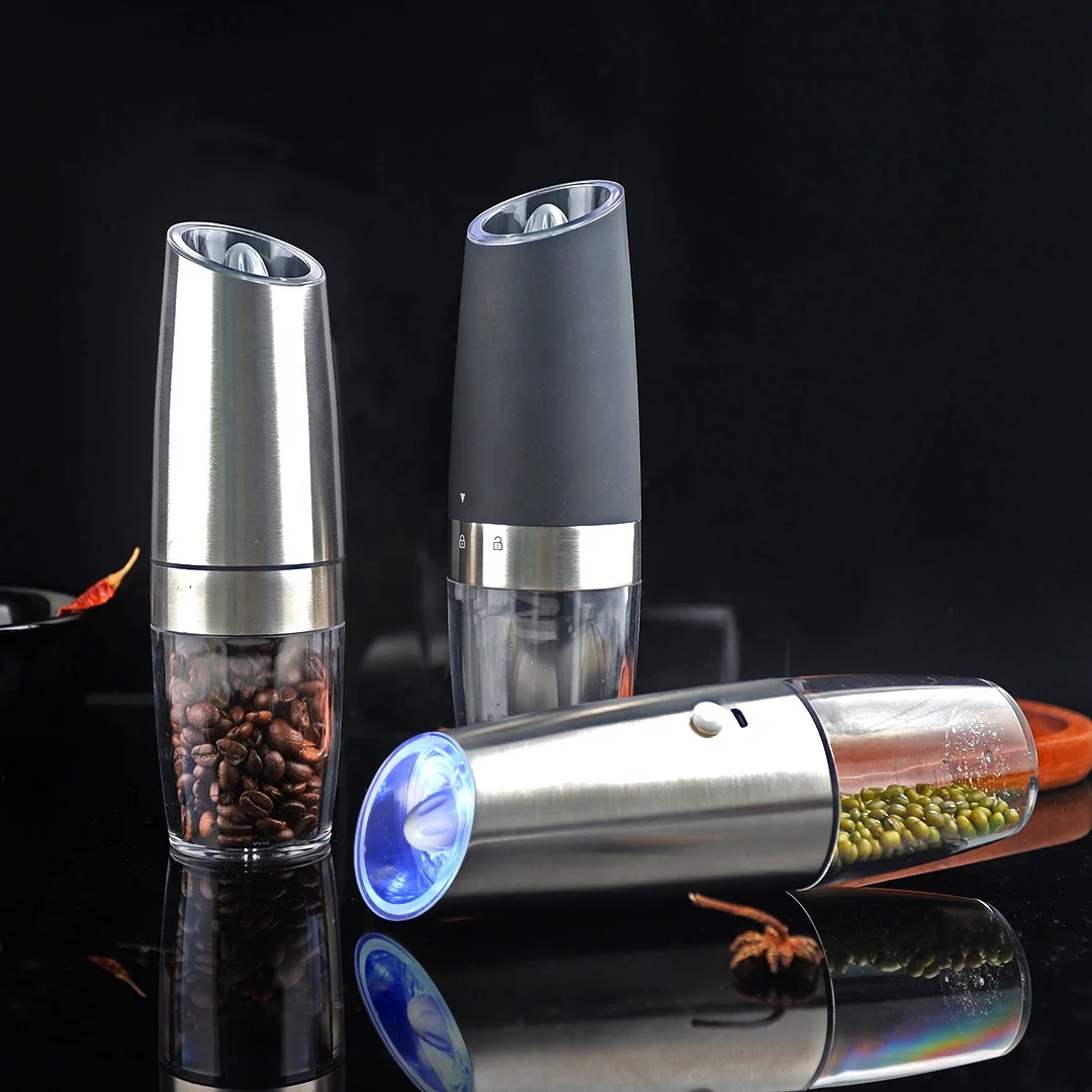AMZ hot sale stainless steel black electric gravity salt and pepper grinder set with blue light