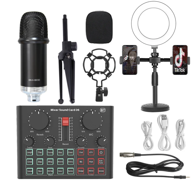 
D6 Mixer Sound Card Dm800 Condenser Microphone Live Phone Set Pc Computer Tripod Professional Game Usb Stream Stand Recording 
