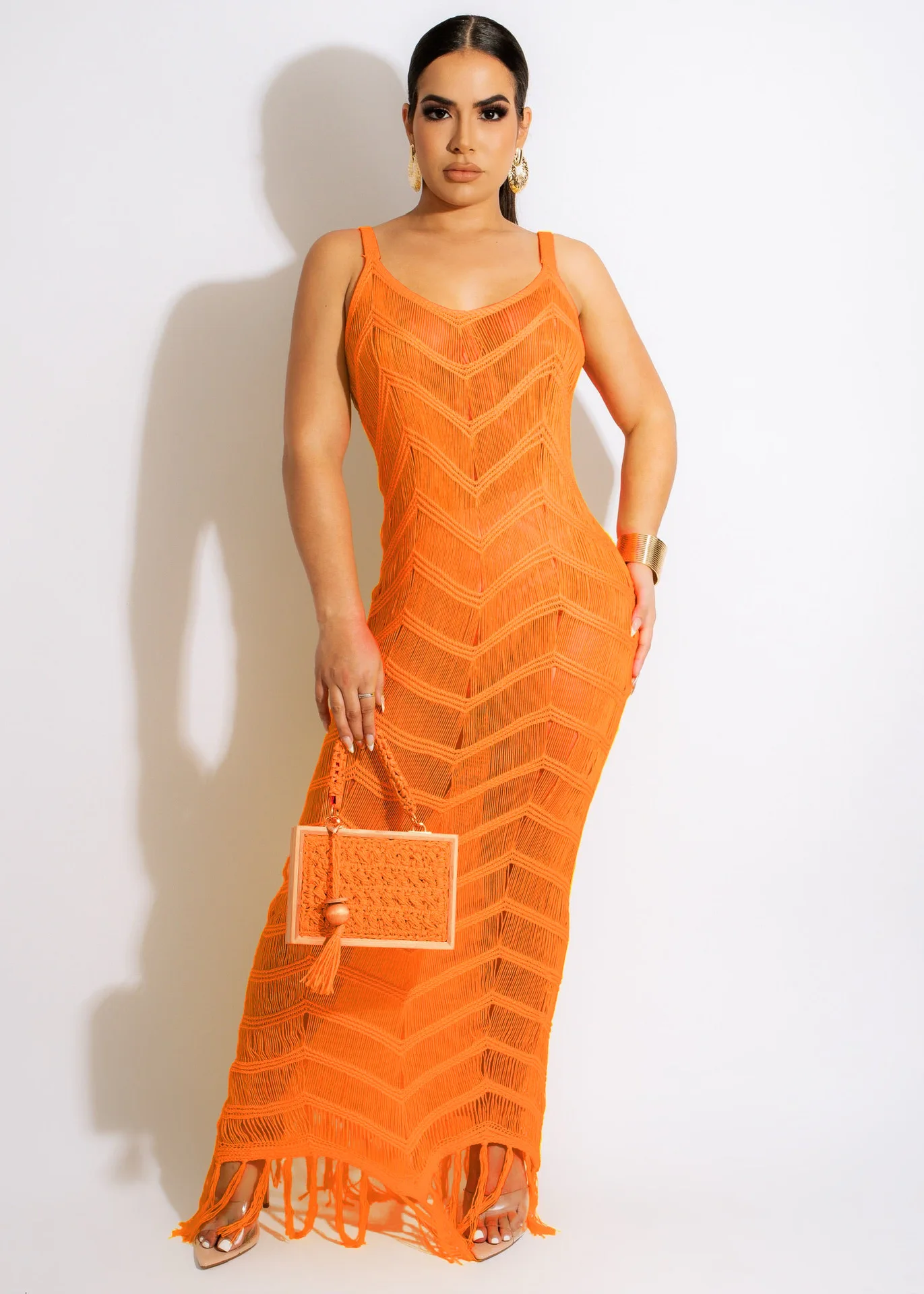 2023 Wholesale Sleeveless Tassel Knitted Women Dresses Hollow Out See Through Candy Color Bodycon Long Dresses Women