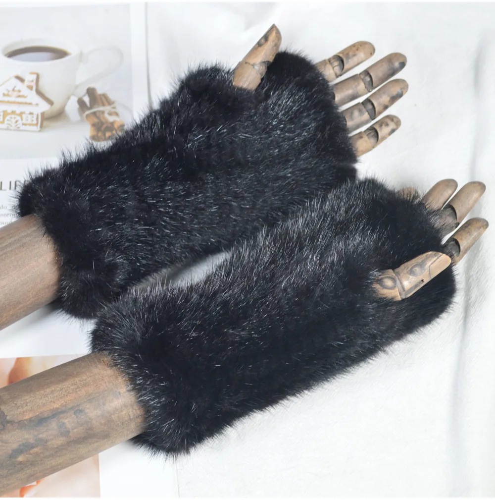 
New Women 100% Real Genuine Knitted Mink Fur Mittens Winter Warm Lady Real Fur Fingerless Gloves Handmade Knit Fur Mitten 