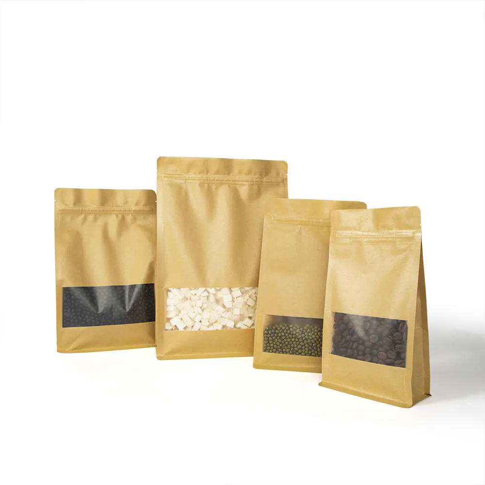 Биоразлагаемая крафт-бумага с индивидуальным принтом, экологически чистый стоячий мешочек с застежкой-молнией и прозрачным окошком, пакет для упаковки еды и риса