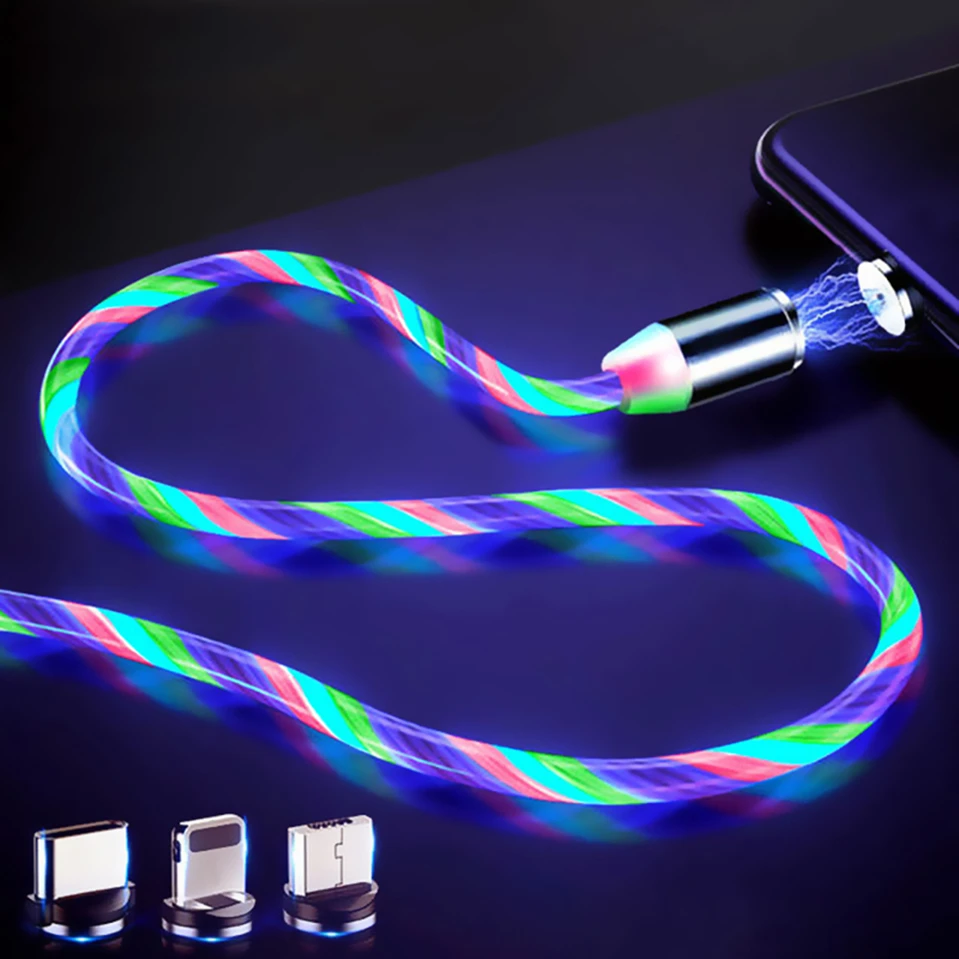Flowing Light Magnetic Charging Mobile Phone Cable for iphone charger Wire for Samaung LED Micro USB Type C