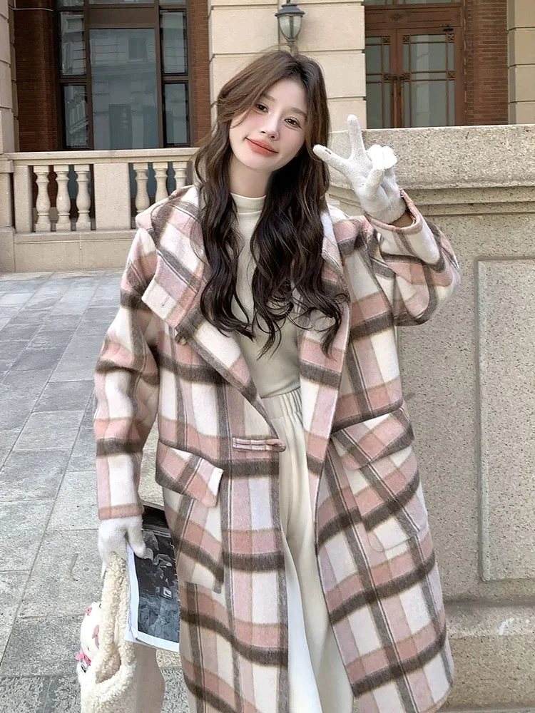 Droma Korean style casual pink plaid hooded double-sided women long wool coat winter trench coat for ladies