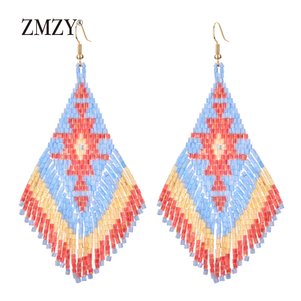 ZMZY Ethnic Earings Fashion Jewelry Boho Drop Earrings for Women Bohemian Long Tassel Crystal Bead Handmade Earring Fringe Gifts