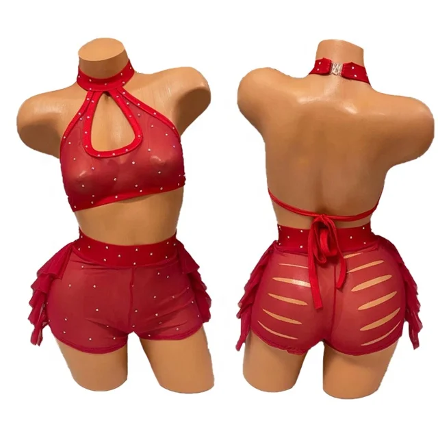 Wholesale Red Rhinestone Gauze Exotic Dance Wear Factory Production Stripper Outfits