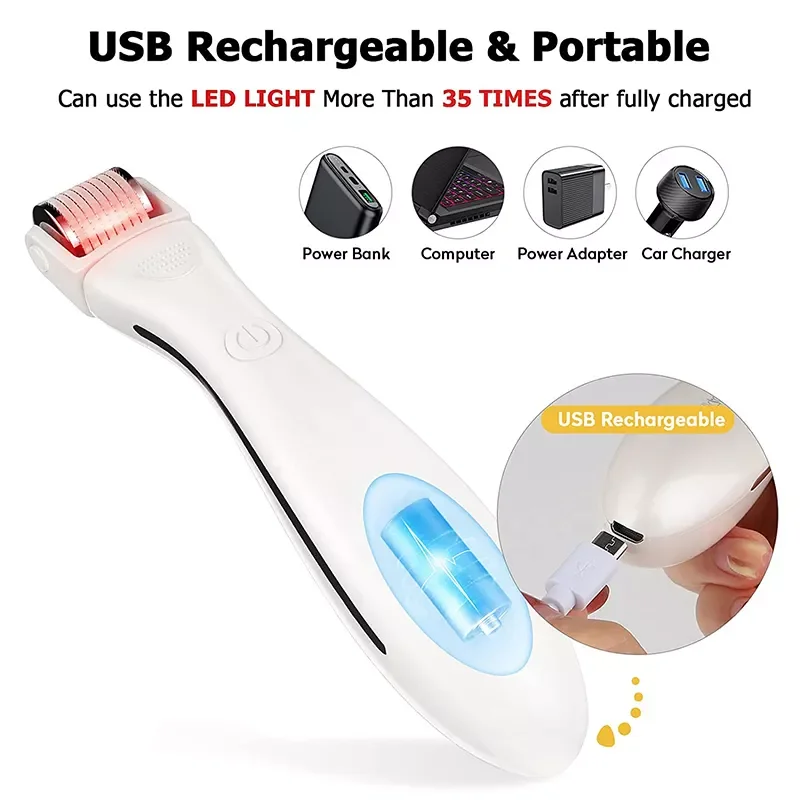 Portable 3 in 1 led microneedle derma roller for hair loss treatment, skin care, reduce body stretch marks