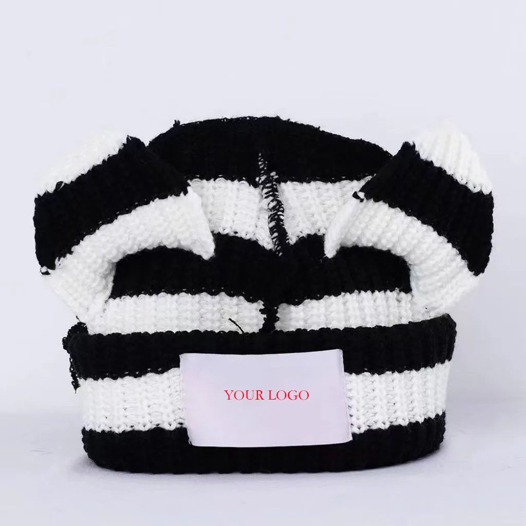 Custom Animal Design Distressed Cute Cat Ear Chic Women Winter Knit Beanie Hats with Ears for Girls