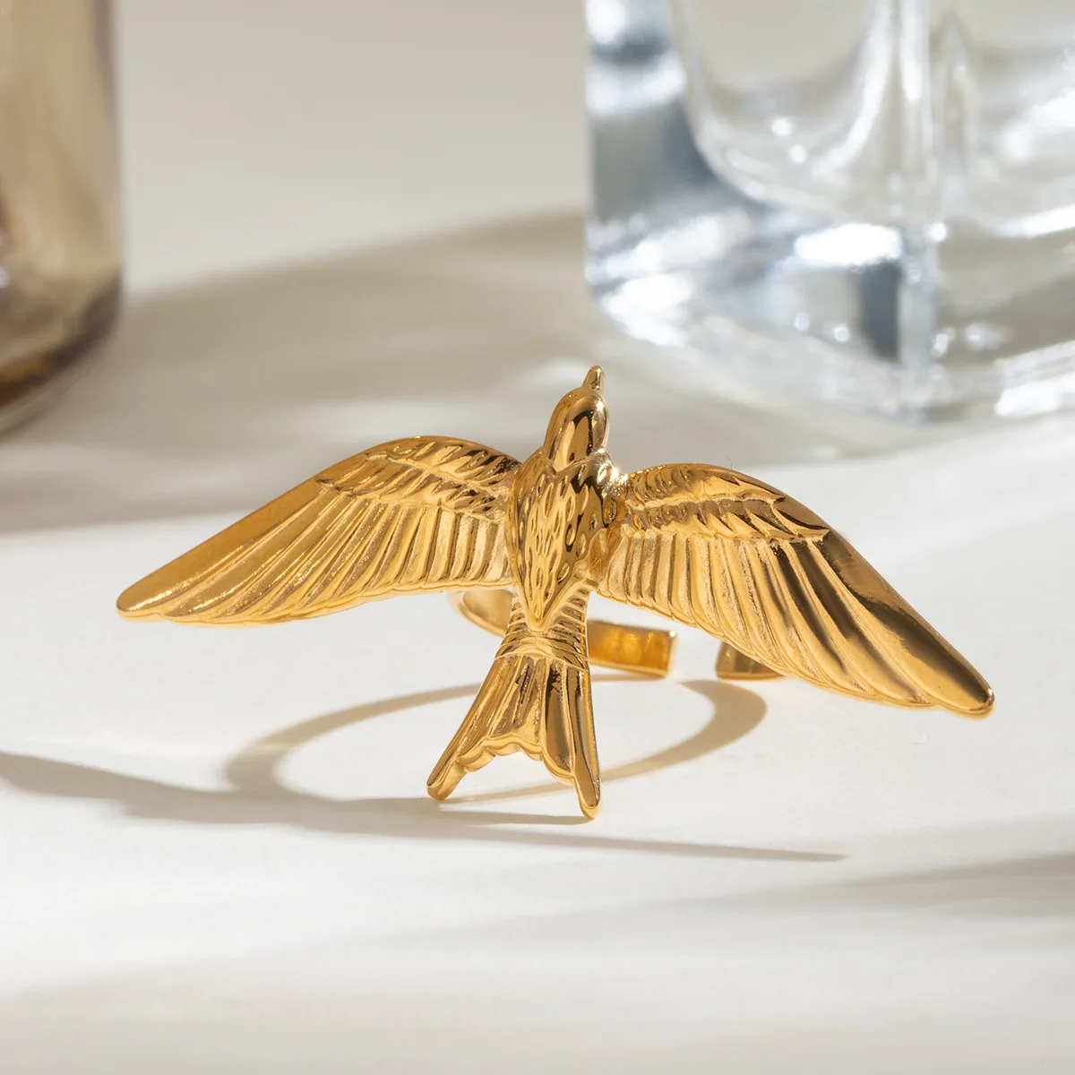 L019 Wholesale 18K PVD Gold Plated Stainless Steel Delicate Wild Goose Finger Ring Cute Bird Open Ring For Women Jewelry