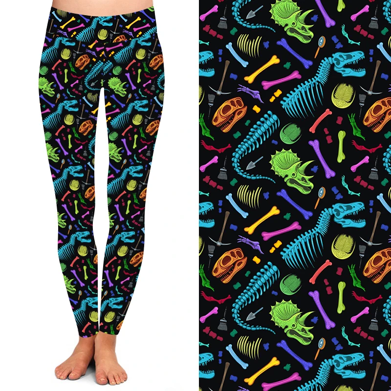 Colorful Dinosaur skeleton printed leggings Women High yoga waist buttery soft 92% polyester 8% spandex leggings for women