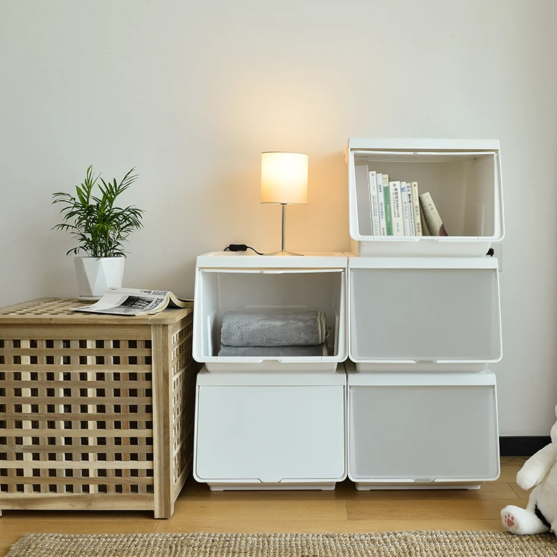 Custom Plastic Clamshell Household Children Organizer Snacks Clothes Toys Storage Bins Front Oblique Opening Door Storage Box