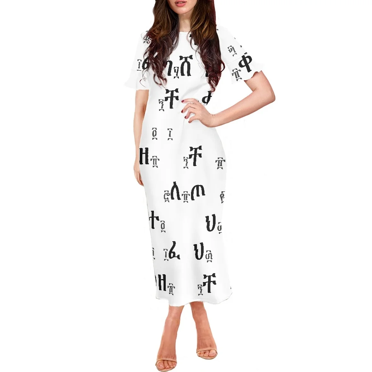 Ethiopian Dress Vintage Ruffles Short Sleeve Crewneck Ethiopia Letter Party Club Dresses Women Sexy Custom Ethnic Style Clothes