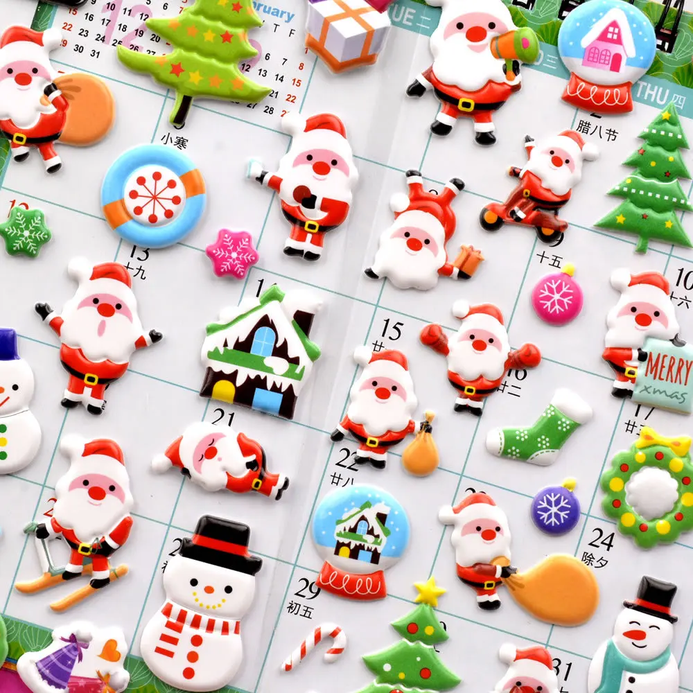 Custom 3D Cartoon Christmas Holiday Puffy Sticker Sheet Waterproof Kiss Cut Bubble Sticker