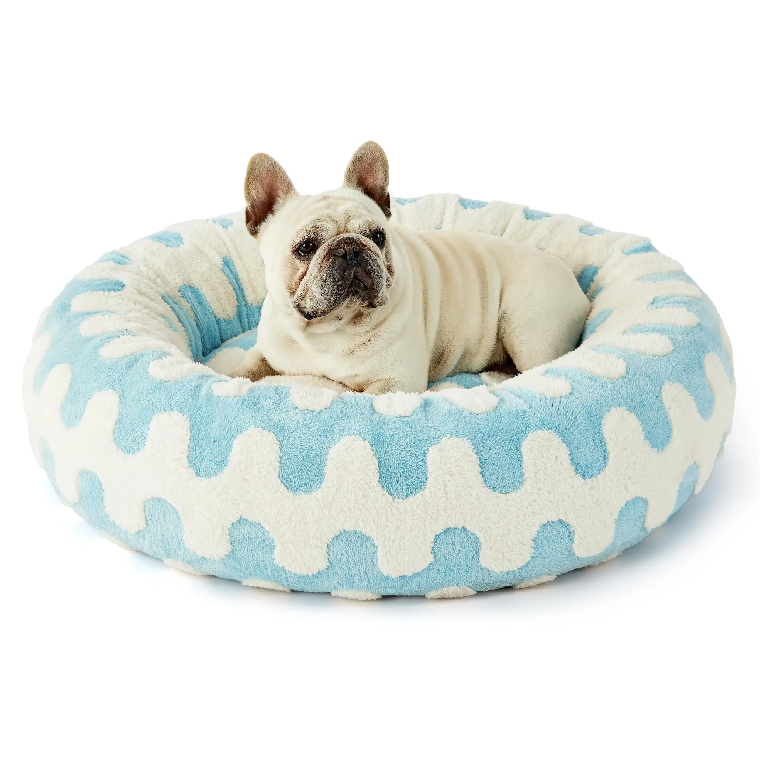 Round Cat Beds for Indoor Pets Calming Modern Beds with Jacquard Shaggy Plush and Anti-Slip Bottom 30 Inch Blue Donut Pet Bed