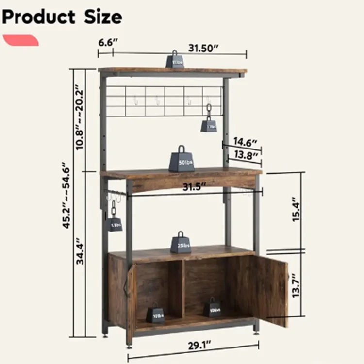 Bakers Racks With Storage Cabinet, Height-Adjustable Microwave Stand For Kitchen With Wheels  Feet Innovative Products