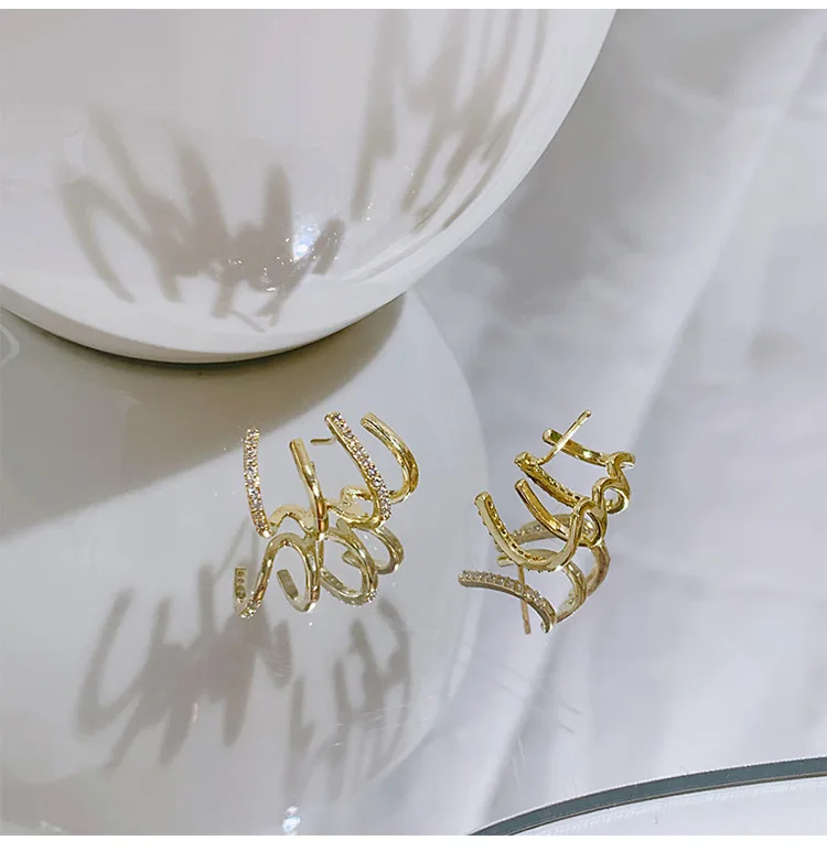 Korea simple gold plated line zircon 925 sterling silver needle stud earrings for girls