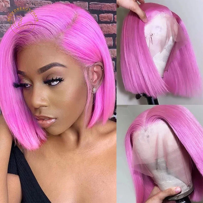 13X4 Colored Light Pink Lace Frontal Wigs Straight Grey Blue Purple Lace Front Human Hair Wig for Women