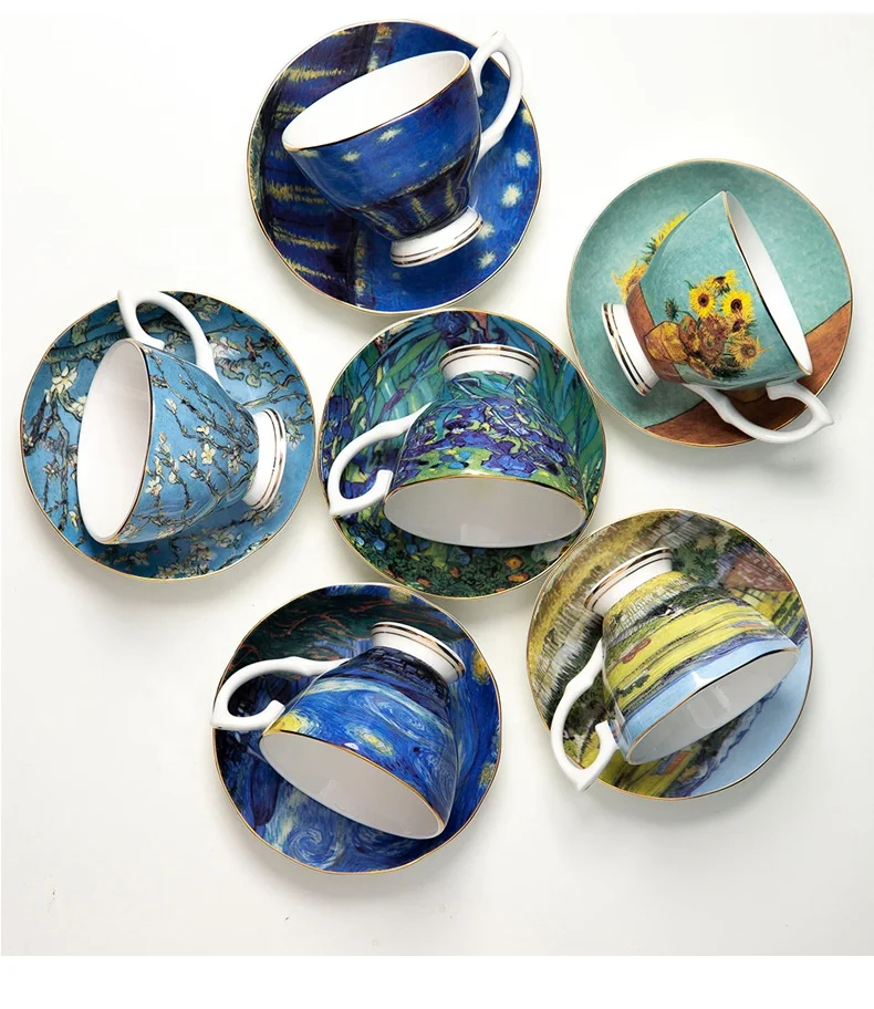 Coffee And Tea Set Bone China Tea Set Oil Painting Style Van Gogh Tea Cups With Delicate Gift Box And Spoon Saucer