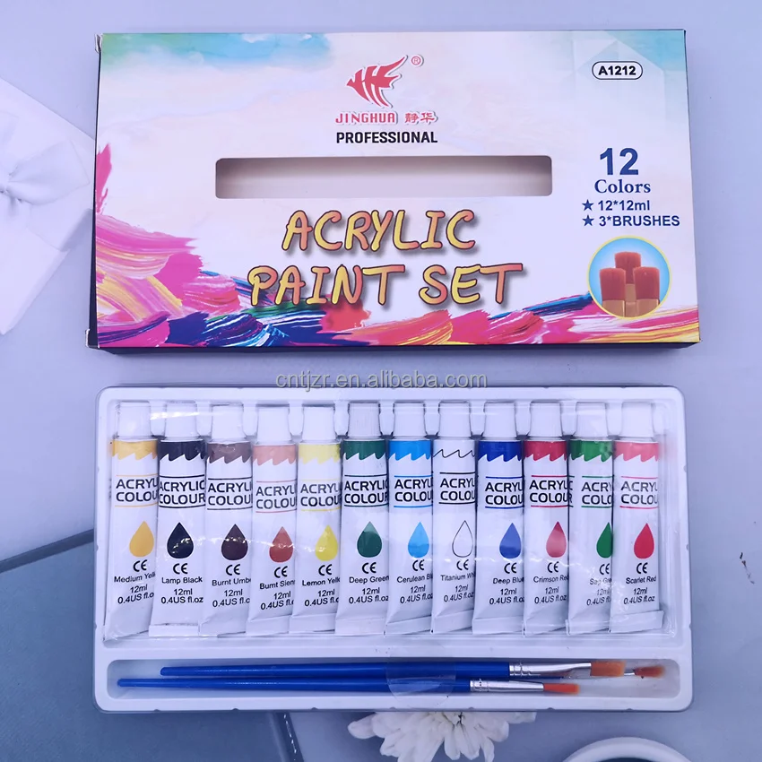 Wholesale high quality 12 colors acrylic paint set with  brushes for artist