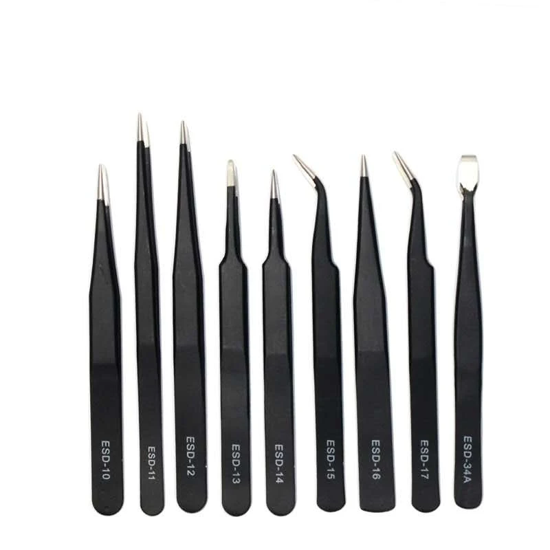 precision rubber tipped stainless steel anti-static tweezer sets esd tweezers series for computer repair tools