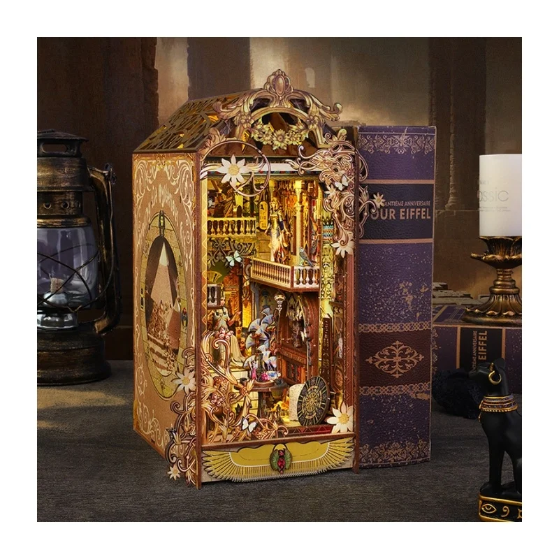 New High Quality 3d Wooden Puzzle Bookend Ancient Egyptian City Miniature House Book Nook Diy Bookstore Shelf Insert