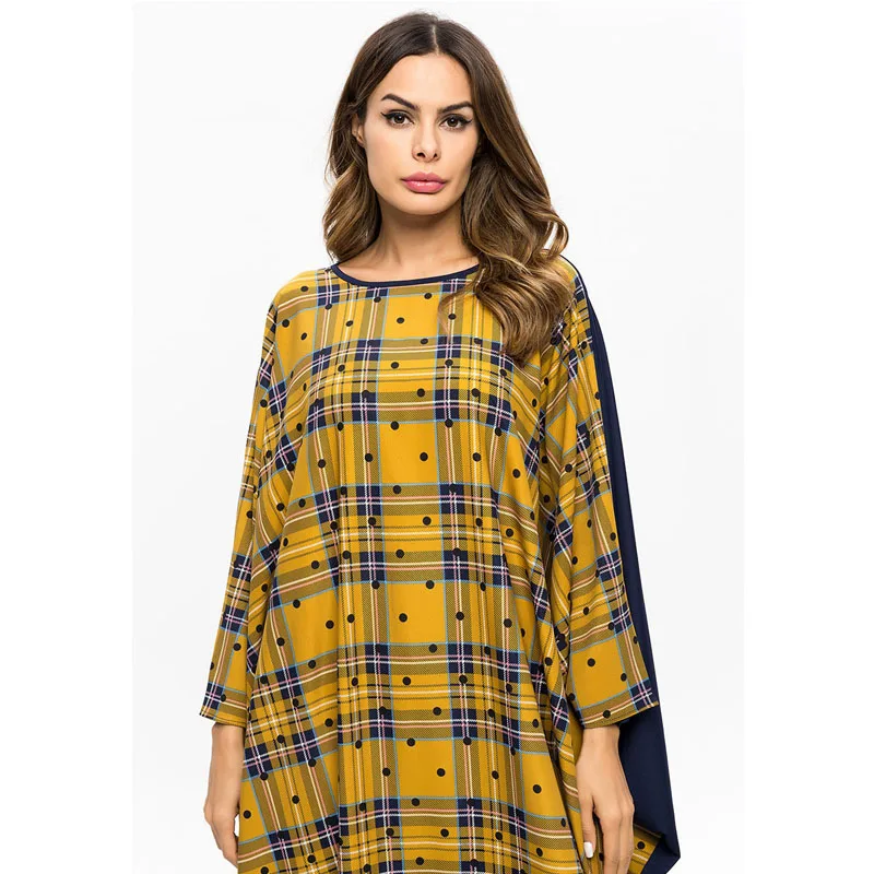 
Casual Maxi Dress Muslim Abaya Bat Sleeve Long Robe Gowns Loose Style Plaid Trim Turkey Middle East Moroccan Islamic Clothing 