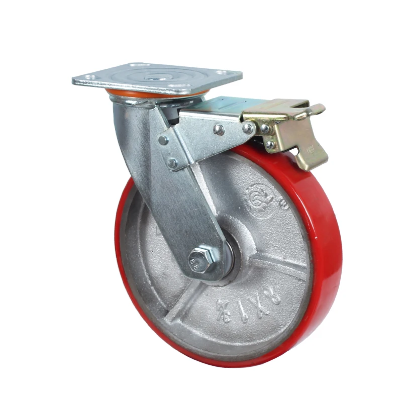 High load 4 5 6 8 inch trolley wheels double bearing red iron core polyurethane caster wholesale for equipment transportation