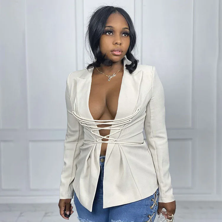 Trendy Femme Fashion Winter Coats 2021 Female White Blazer Suit Top Lace Up String Woman Jacket Long Sleeve Ladies Women Blazers