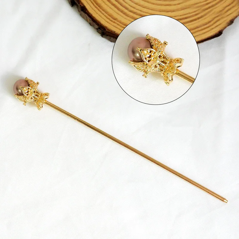 One-word hairpin Noble pearl hair fork plain hairpin modern ancient style hairpin headwear daily ball head dish hair ornaments
