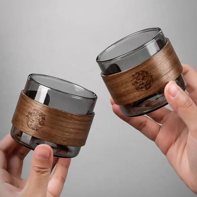 39Years Factory High Borosilicate Glass Tea Cup Wooden Holder Small Size Grey Color Glass Tea Mug 150ml Capacity