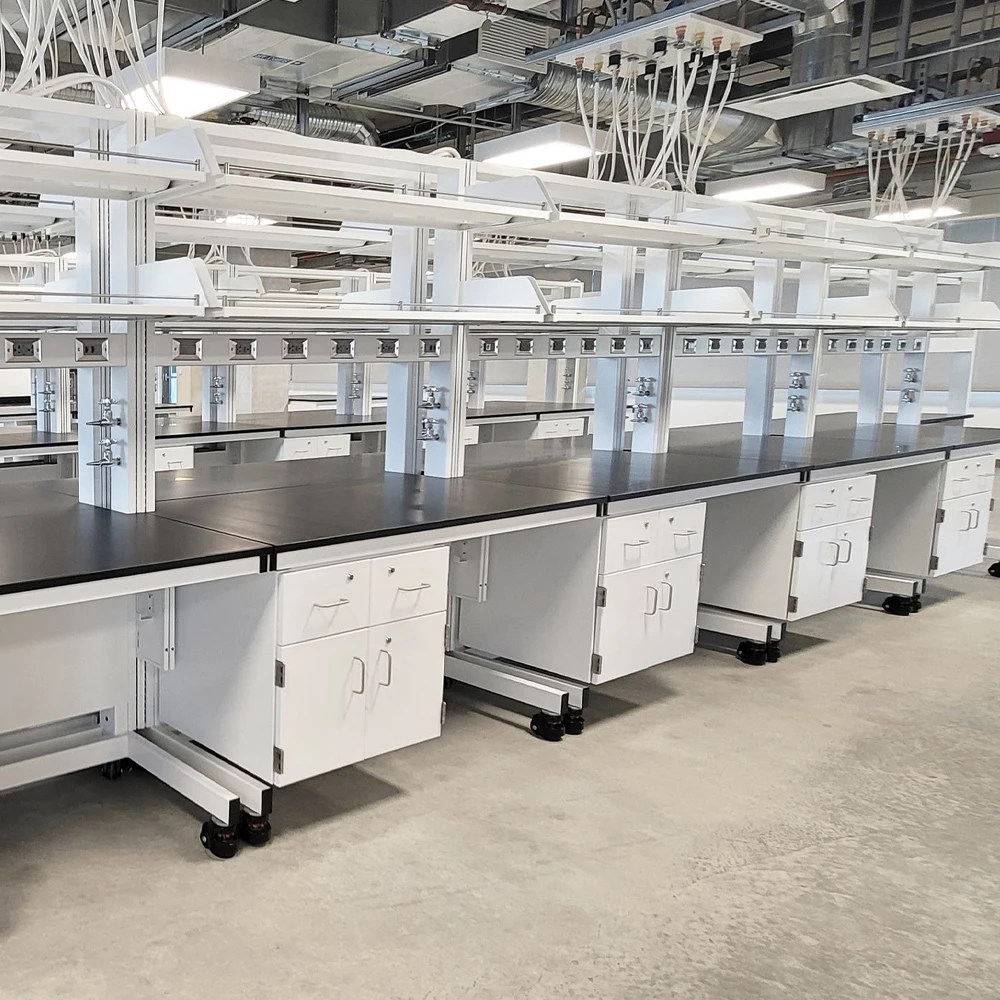 CARTMAY Custom Biotechnology Lab Workbenches Medical Laboratory Tables With Mounted Shelves And Electrical Outlet