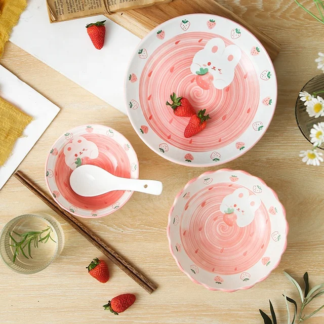 Creative Microwave Bowls Set Cartoon Diner Set Plate Ceramic Strawberry Rabbit Dinner Service Dinnerware Set