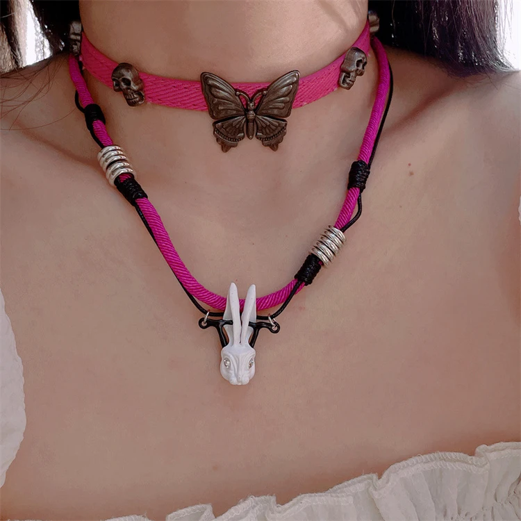 Personality retro color love star Moon pin small devil multi-layer chain necklace rabbit Cat Spider rivet collar y2k jewelry