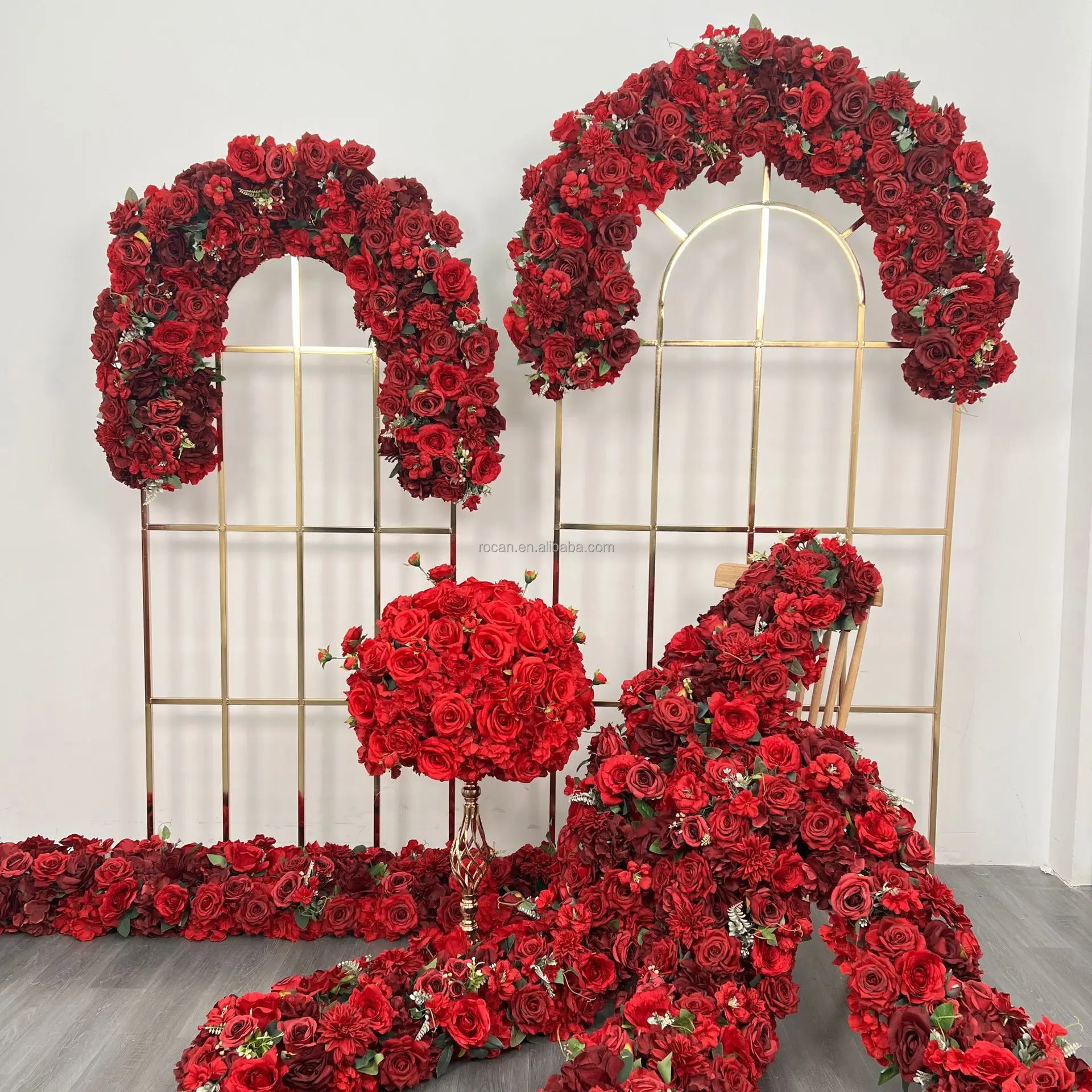 Wedding table arch red flower runner rose flower ball garland backdrop arch flower decoration