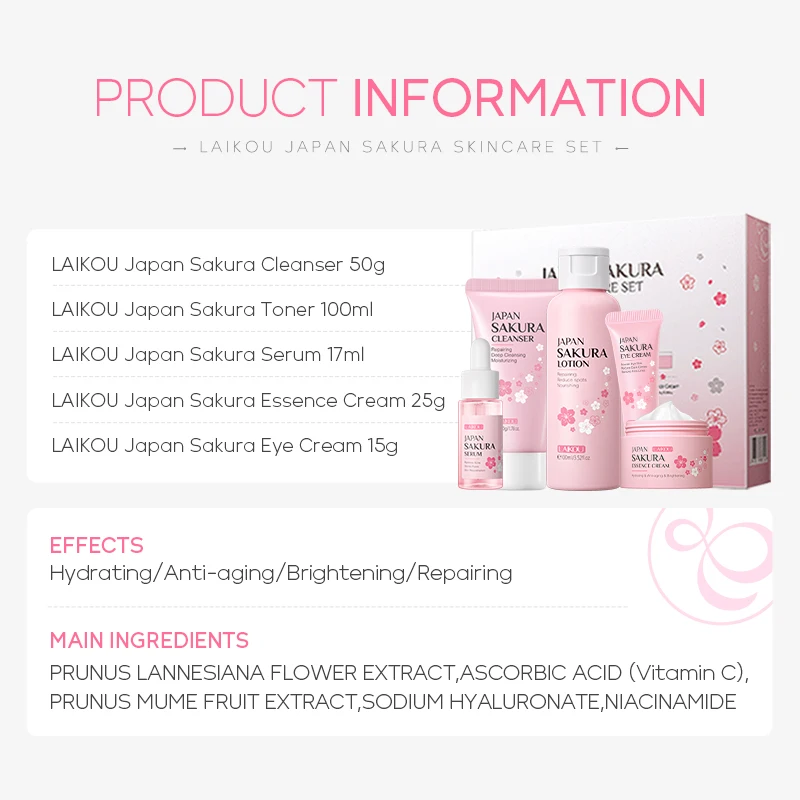 Laikou sakura 5 шт. лучший набор для ухода за кожей продукты улучшения морщин грубой кожи очищающее средство тонер Сыворотка глаз крем