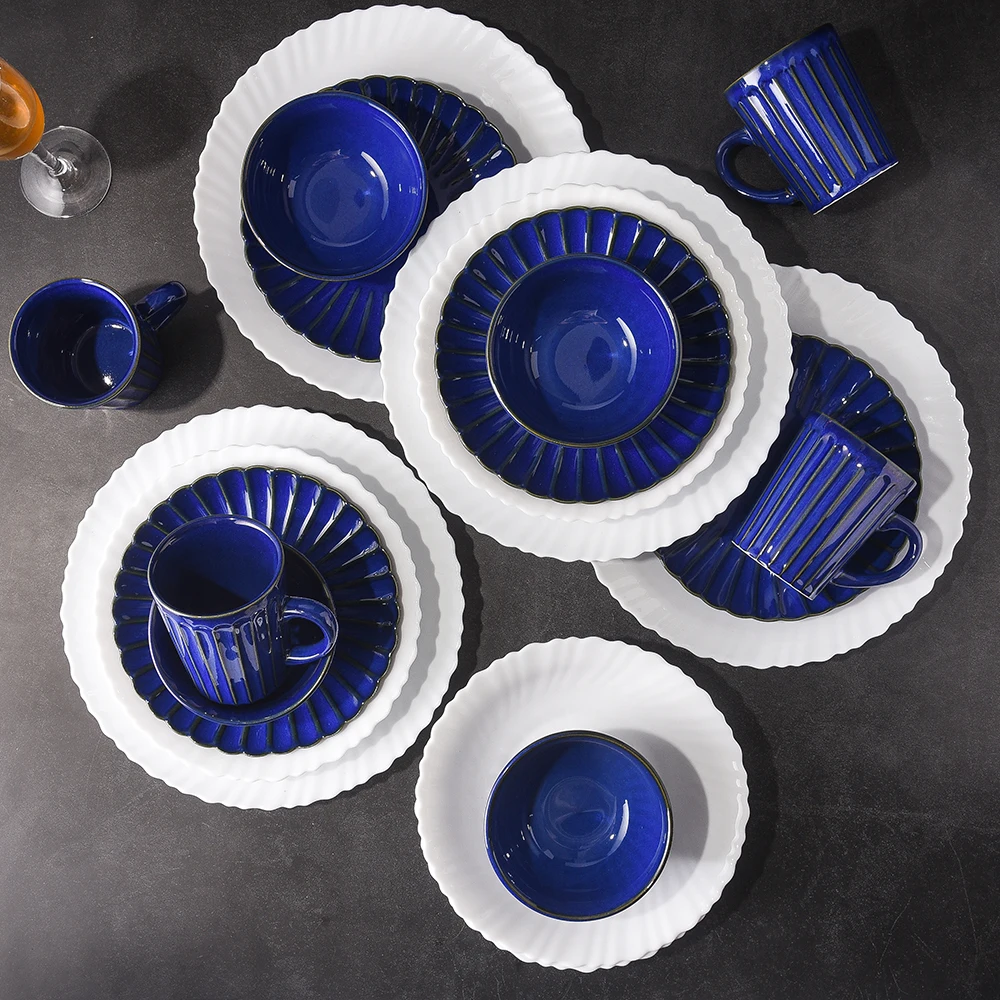 20 PCS White Opal Glassware and Blue Kiln Glazed Ceramic Cups And Plate Bowls Dinnerware Sets