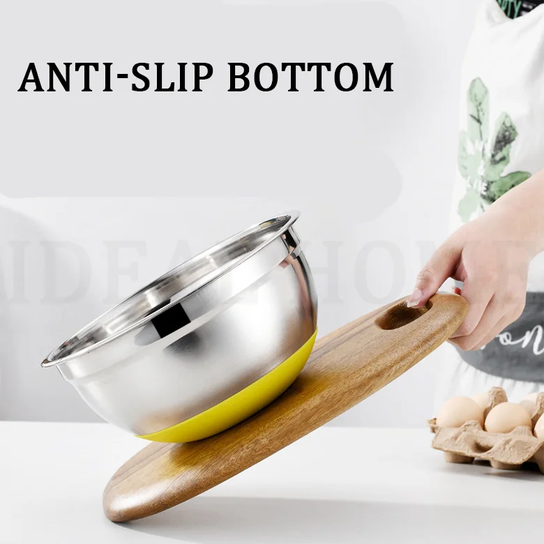 Multiple sizes thickening multicolor lid salad bowl stainless steel mixing bowl with silicone base