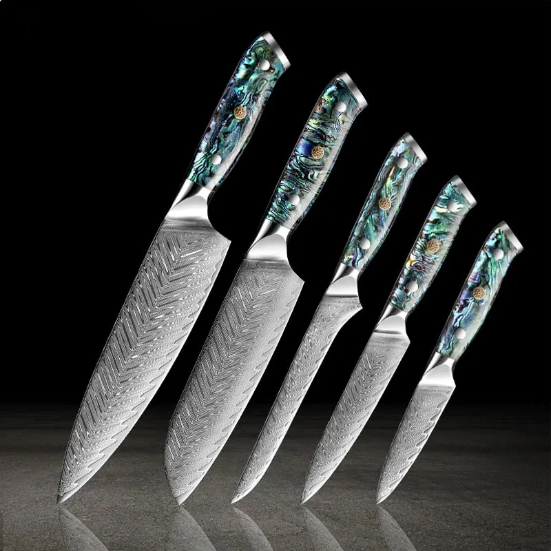 As Seen on TV Japanese Damascus Steel VG10 Kitchen Knife Set with Green Abalone Shell Handle
