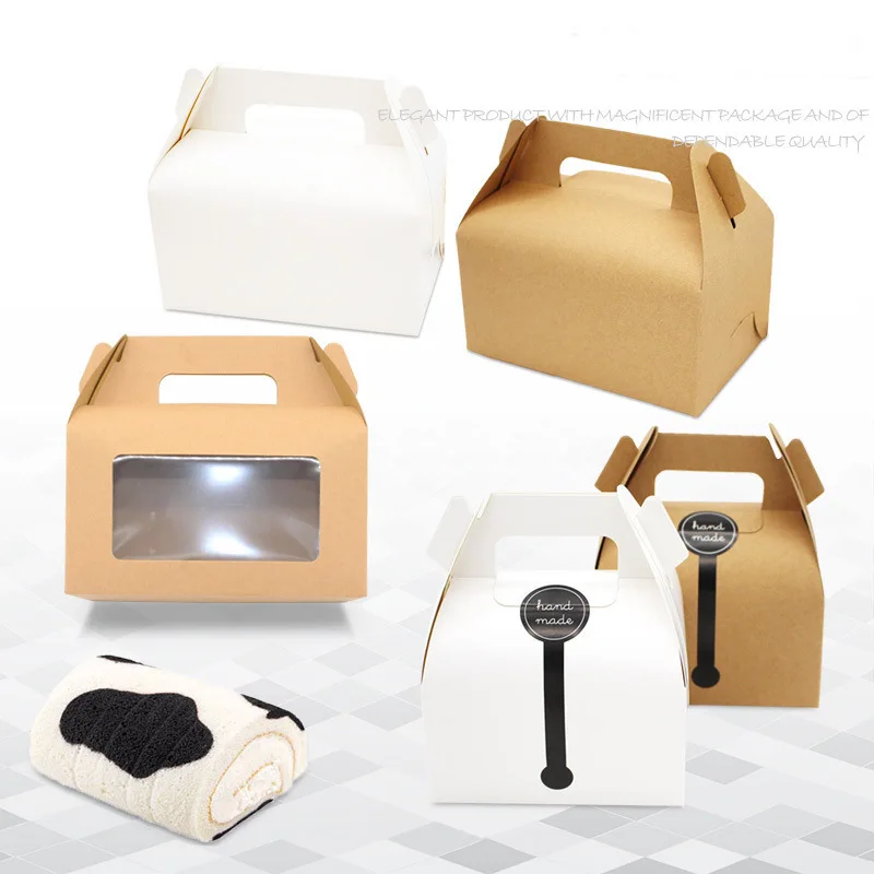 Portable Handle Packaging Gift Bakery Dessert Box Wholesale Custom Clear Window Disposable Plastic Kraft Paper Cake Box