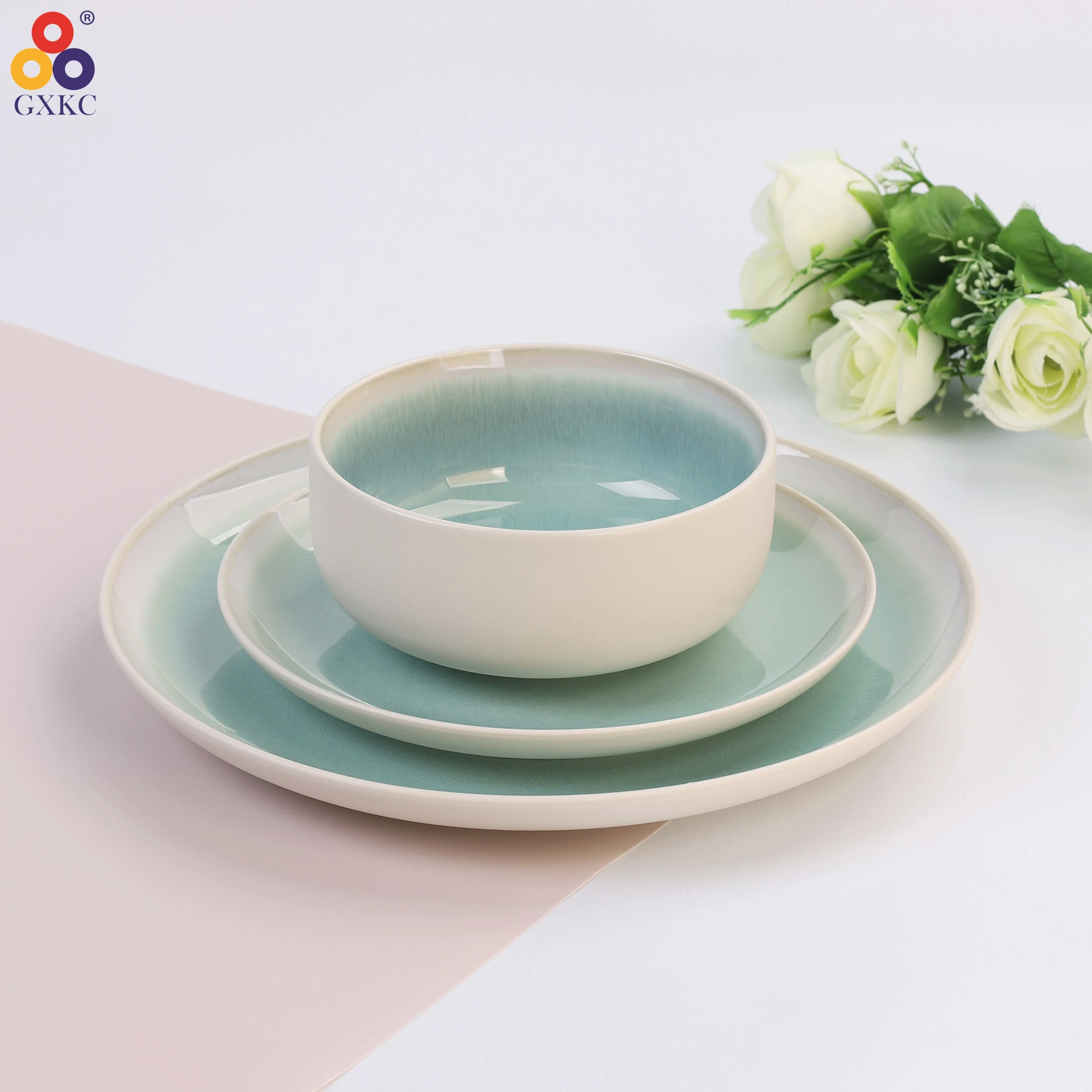 Sanhuan lead and cadmium free high quality green reactive glazed color porcelain tableware sets ceramic dinnerware