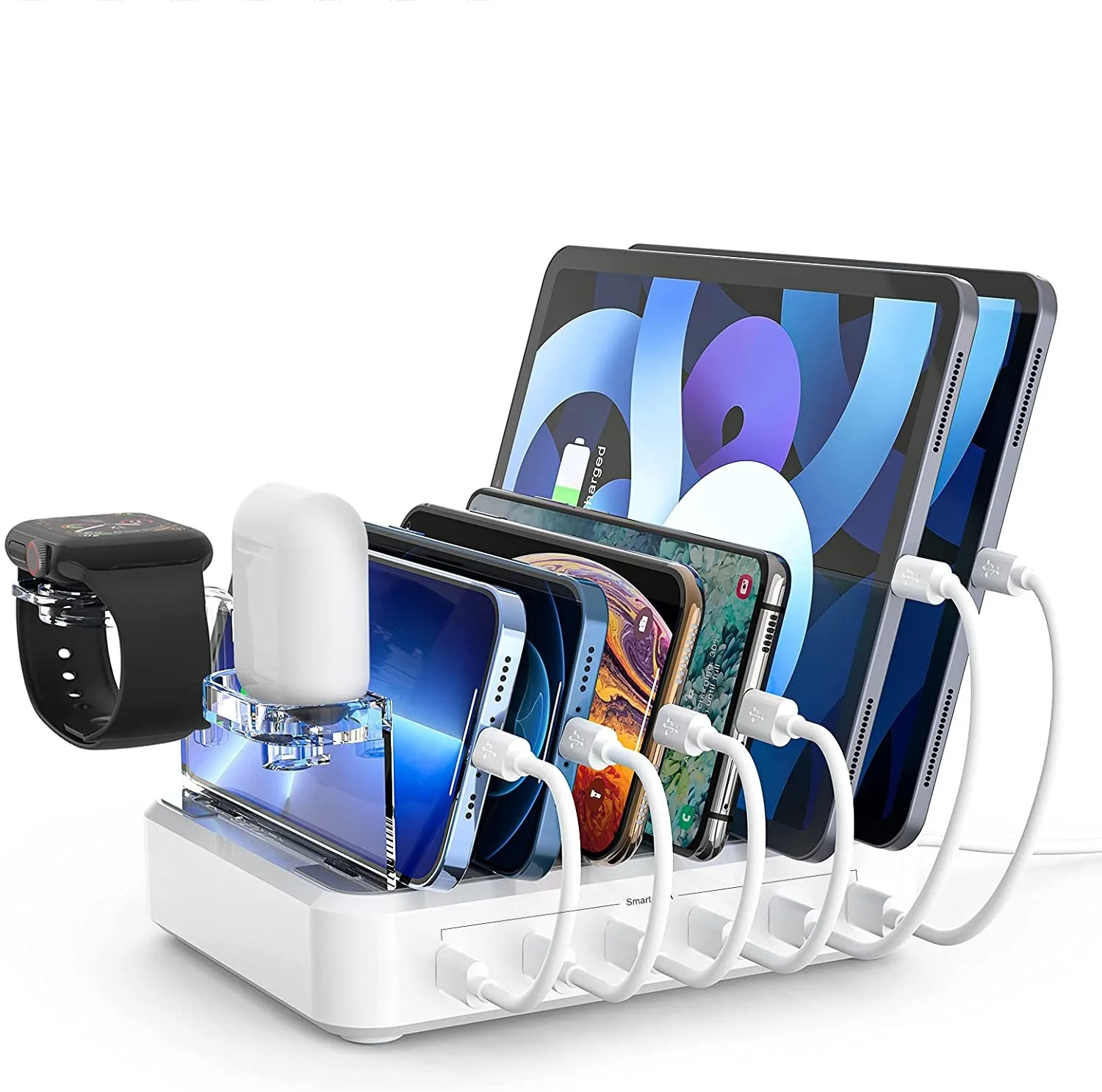 Mobile phone 6-Port USB Charging Station Devices 6 Short Charging Cables and One Upgraded i-Watch Charger Holder Included for Ph