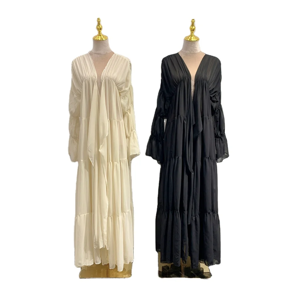 New Design Ruffle Hem Dubai Turkey Fashion Long Sleeve Light Pearl Chiffon Elegant Muslim Woman Open Abaya Kimono Dress