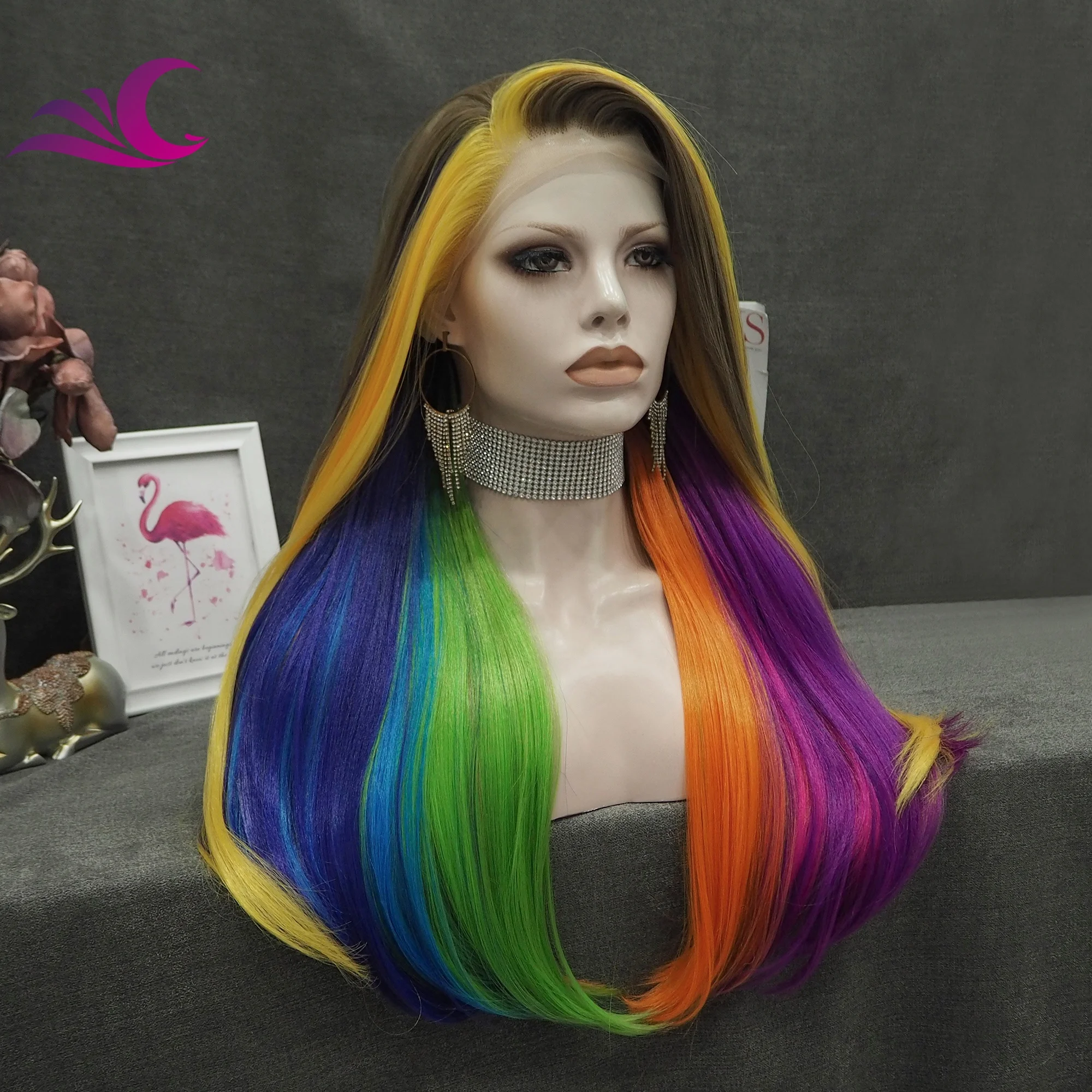Celebrity Ombre Brown Rainbow Multicolor Wig Silky Straight Heat Resistant Fiber Synthetic Lace Front Wig for Cosplay