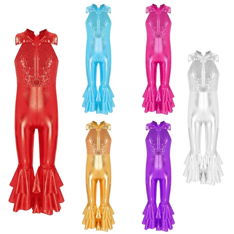 6-14 Latin Performance Wear Dancewear Sleeveless Sequins Style Dance Leotards Jumpsuit Kids Girls Children Sequin Dance Costume