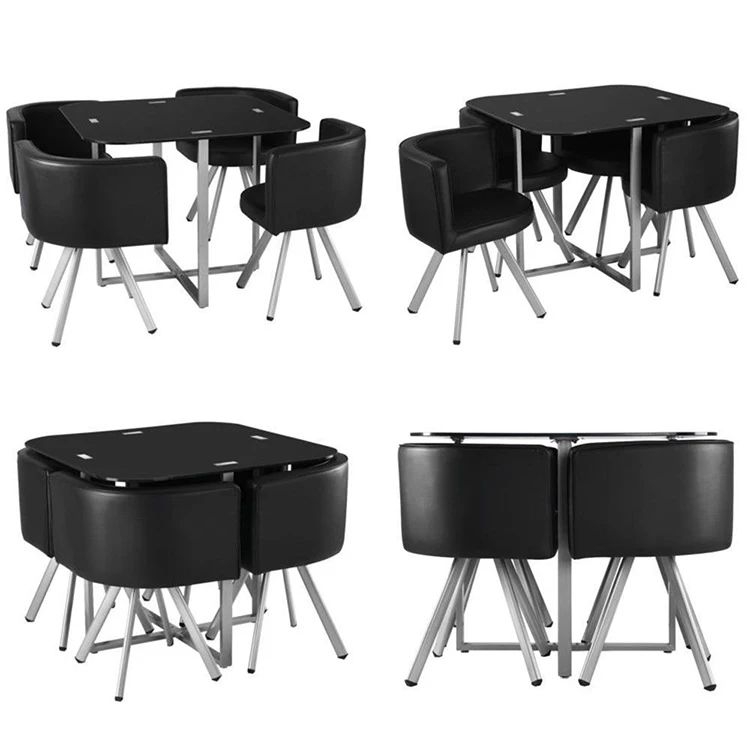 
4 Chairs Round black Tempered Glass Space Saving Dining Room Sets 